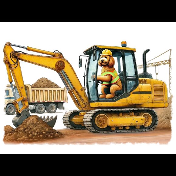Golden Doodle Dog Driving Big Digger Art Print Limited Edition Signed & Numbered - Picture 1 of 9